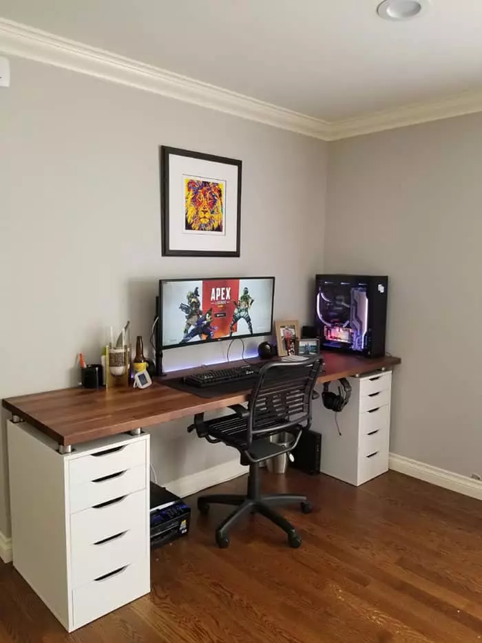 Gaming Desk Setup with White Alex Drawers