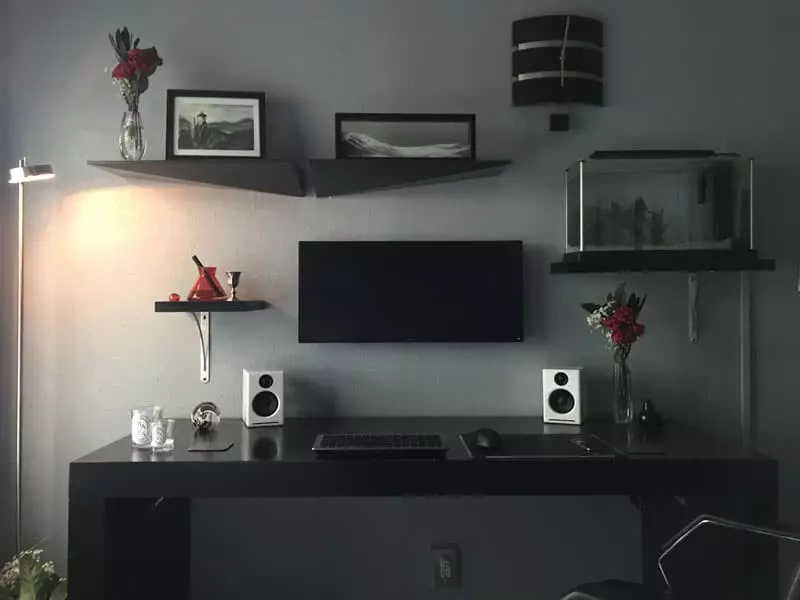Aesthetic Desk Setup with Wall Storage