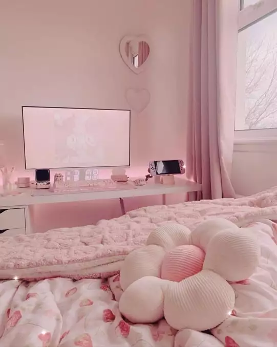 All Pink Cute Gaming Room Idea