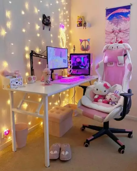 Kawaii Gaming Space with String Lights