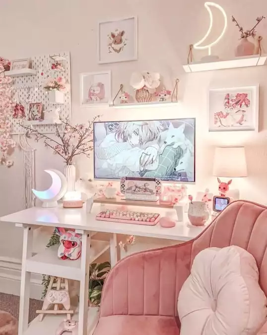 Pastel Pink Cute Gaming Setup Idea