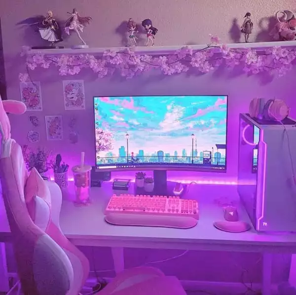 Pink Gaming Setup with Desk Strip Lights 