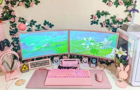 Pink Gaming Setup with Little Greenery