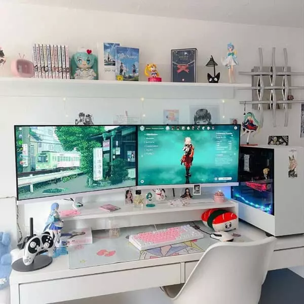 Pink-on-White Gaming Desk Setup