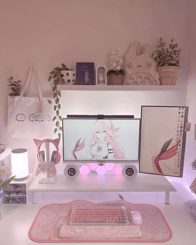 Pretty Pink-White Gaming Desk Setup Idea