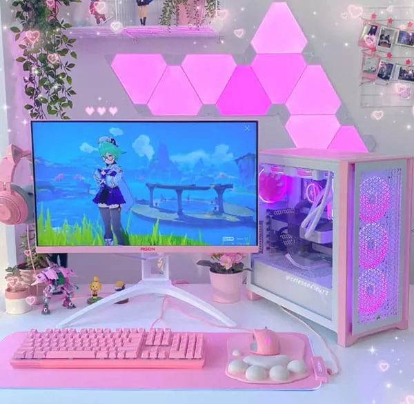 So Pretty Pink-White Gaming Desk Setup