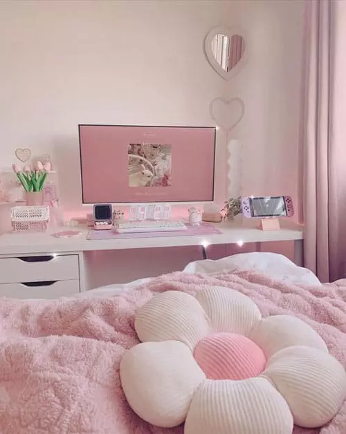 Soft Pink Gaming Desk Setup Idea