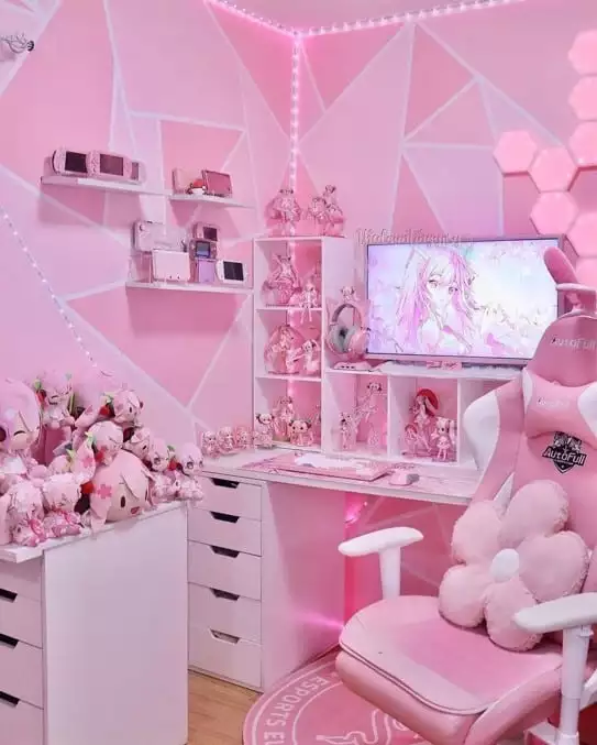 Well-Organized Cute Pink Gaming Setup Idea